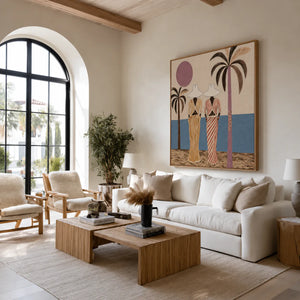 Striped Companions by the Sea with Mauve Sun Wall Art styled interior scene 2 | OILDECO
