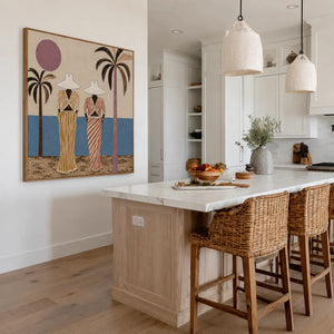Striped Companions by the Sea with Mauve Sun Wall Art styled interior scene 3 | OILDECO