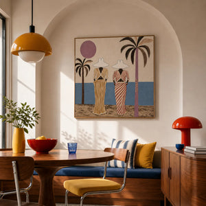 Striped Companions by the Sea with Mauve Sun Wall Art styled interior scene 4 | OILDECO