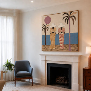 Striped Companions by the Sea with Mauve Sun Wall Art styled interior scene 5 | OILDECO