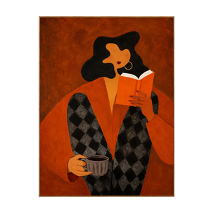 Orange Book Reader with a Cup and Checked Trousers Wall Art | OILDECO