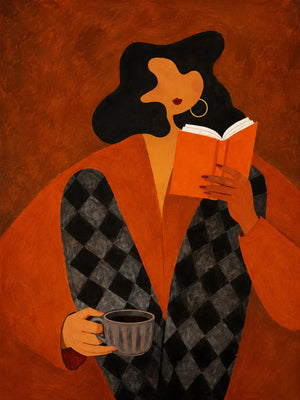 Orange Book Reader with a Cup and Checked Trousers Wall Art artwork view | OILDECO