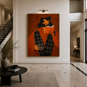 Orange Book Reader with a Cup and Checked Trousers Wall Art styled interior scene 1 | OILDECO