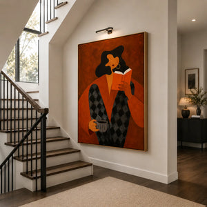 Orange Book Reader with a Cup and Checked Trousers Wall Art styled interior scene 2 | OILDECO