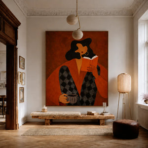 Orange Book Reader with a Cup and Checked Trousers Wall Art styled interior scene 3 | OILDECO