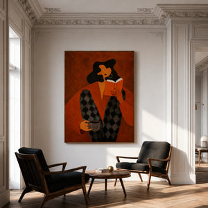 Orange Book Reader with a Cup and Checked Trousers Wall Art styled interior scene 4 | OILDECO