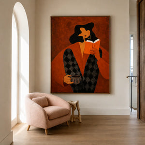 Orange Book Reader with a Cup and Checked Trousers Wall Art styled interior scene 5 | OILDECO