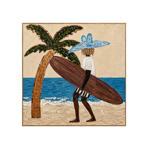 Blue-Hatted Surfer Carrying a Brown Board Wall Art | OILDECO