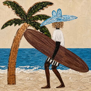 Blue-Hatted Surfer Carrying a Brown Board Wall Art artwork view | OILDECO