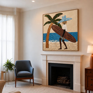 Blue-Hatted Surfer Carrying a Brown Board Wall Art styled interior scene 1 | OILDECO