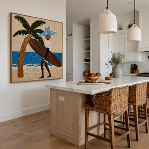 Blue-Hatted Surfer Carrying a Brown Board Wall Art styled interior scene 2 | OILDECO