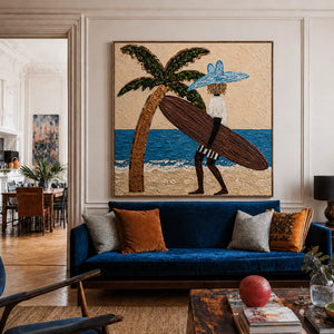 Blue-Hatted Surfer Carrying a Brown Board Wall Art styled interior scene 4 | OILDECO