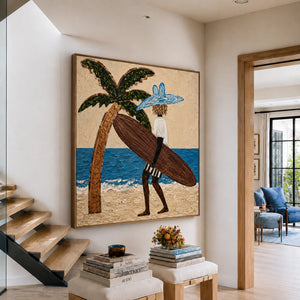 Blue-Hatted Surfer Carrying a Brown Board Wall Art styled interior scene 5 | OILDECO
