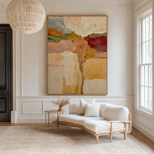 Ochre and Burgundy Layers Through a Cream Field Wall Art styled interior scene 1 | OILDECO
