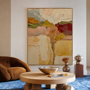 Ochre and Burgundy Layers Through a Cream Field Wall Art styled interior scene 2 | OILDECO