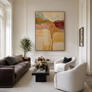 Ochre and Burgundy Layers Through a Cream Field Wall Art styled interior scene 3 | OILDECO