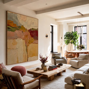 Ochre and Burgundy Layers Through a Cream Field Wall Art styled interior scene 4 | OILDECO