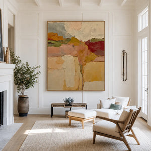 Ochre and Burgundy Layers Through a Cream Field Wall Art styled interior scene 5 | OILDECO