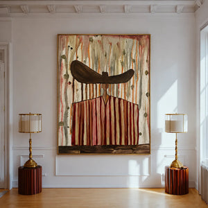 Wide Brown Hat Above Red and Cream Stripes Wall Art styled interior scene 1 | OILDECO