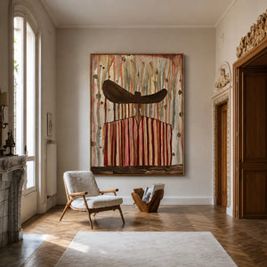 Wide Brown Hat Above Red and Cream Stripes Wall Art styled interior scene 2 | OILDECO