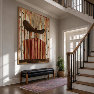 Wide Brown Hat Above Red and Cream Stripes Wall Art styled interior scene 4 | OILDECO