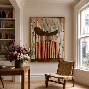 Wide Brown Hat Above Red and Cream Stripes Wall Art styled interior scene 5 | OILDECO
