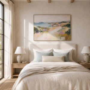 Soft Shore Coastal Wall Art shown in a calm bedroom setting | Oildeco