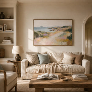 Soft Shore Coastal Wall Art styled in a modern living room | Oildeco