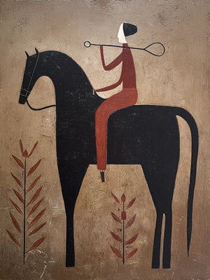 Rust Rider on a Black Horse with Leaf Stems Wall Art artwork view | OILDECO