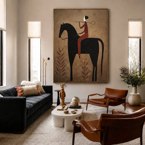Rust Rider on a Black Horse with Leaf Stems Wall Art styled interior scene 1 | OILDECO