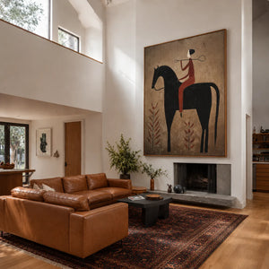 Rust Rider on a Black Horse with Leaf Stems Wall Art styled interior scene 2 | OILDECO