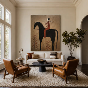 Rust Rider on a Black Horse with Leaf Stems Wall Art styled interior scene 4 | OILDECO