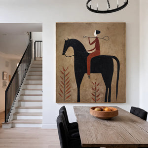 Rust Rider on a Black Horse with Leaf Stems Wall Art styled interior scene 5 | OILDECO