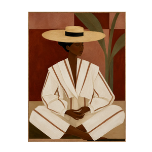 Seated Figure in Cream Stripes and a Straw-Toned Hat Wall Art | OILDECO
