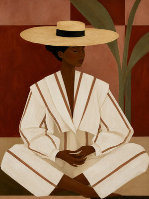 Seated Figure in Cream Stripes and a Straw-Toned Hat Wall Art artwork view | OILDECO