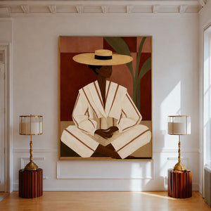 Seated Figure in Cream Stripes and a Straw-Toned Hat Wall Art styled interior scene 1 | OILDECO