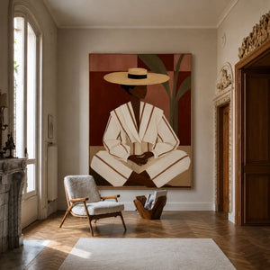 Seated Figure in Cream Stripes and a Straw-Toned Hat Wall Art styled interior scene 2 | OILDECO
