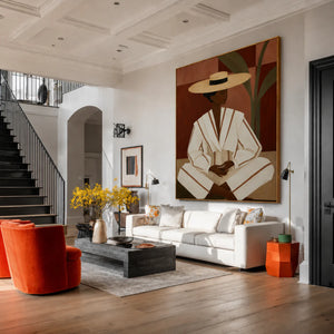 Seated Figure in Cream Stripes and a Straw-Toned Hat Wall Art styled interior scene 3 | OILDECO