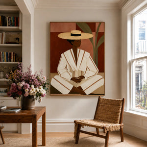 Seated Figure in Cream Stripes and a Straw-Toned Hat Wall Art styled interior scene 4 | OILDECO