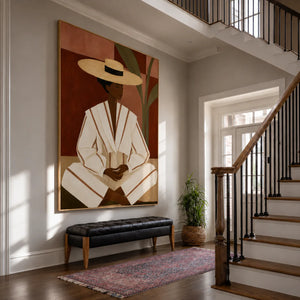 Seated Figure in Cream Stripes and a Straw-Toned Hat Wall Art styled interior scene 5 | OILDECO