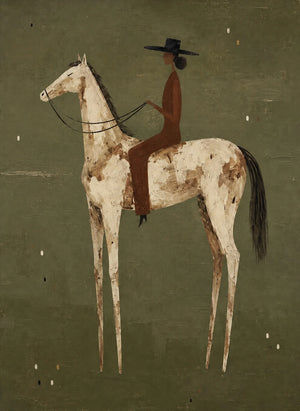 Dark-Hatted Rider on a Cream Dappled Horse Wall Art artwork view | OILDECO