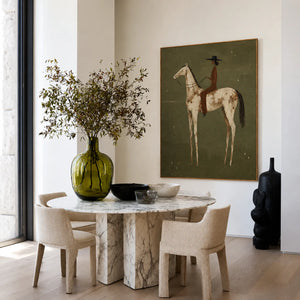 Dark-Hatted Rider on a Cream Dappled Horse Wall Art styled interior scene 2 | OILDECO