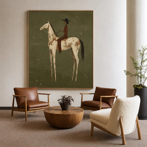 Dark-Hatted Rider on a Cream Dappled Horse Wall Art styled interior scene 3 | OILDECO
