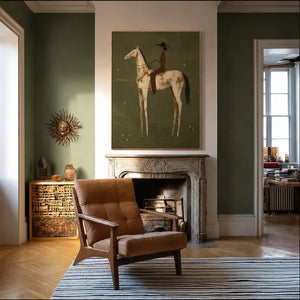 Dark-Hatted Rider on a Cream Dappled Horse Wall Art styled interior scene 4 | OILDECO