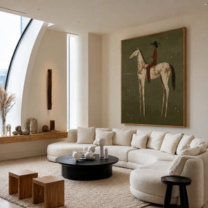 Dark-Hatted Rider on a Cream Dappled Horse Wall Art styled interior scene 5 | OILDECO
