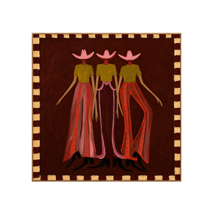 Pink-Hatted Trio in Mustard Tops and Red Trousers Wall Art | OILDECO