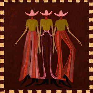 Pink-Hatted Trio in Mustard Tops and Red Trousers Wall Art artwork view | OILDECO