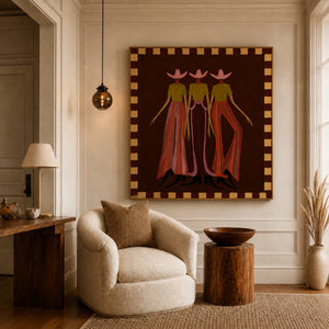 Pink-Hatted Trio in Mustard Tops and Red Trousers Wall Art styled interior scene 1 | OILDECO
