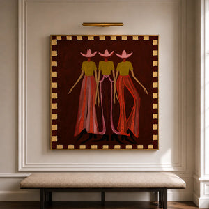 Pink-Hatted Trio in Mustard Tops and Red Trousers Wall Art styled interior scene 2 | OILDECO