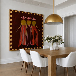 Pink-Hatted Trio in Mustard Tops and Red Trousers Wall Art styled interior scene 3 | OILDECO